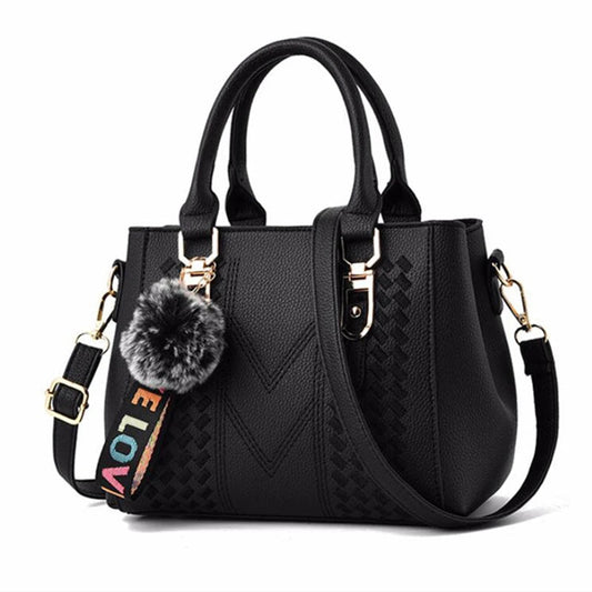 Leather embroidery messenger bag with stylish design, spacious handbag, and chic hair ball detail – perfect everyday sac à main. - WAREHOUSE SHOP
