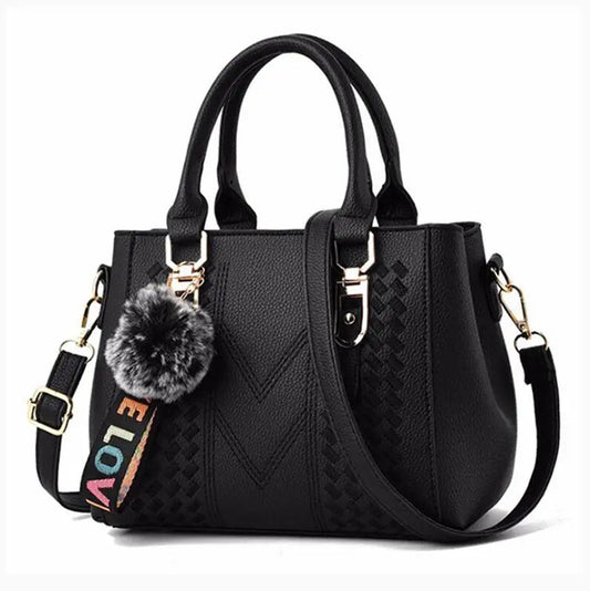 Leather embroidery messenger bag with stylish design, spacious handbag, and chic hair ball detail – perfect everyday sac à main. - WAREHOUSE SHOP