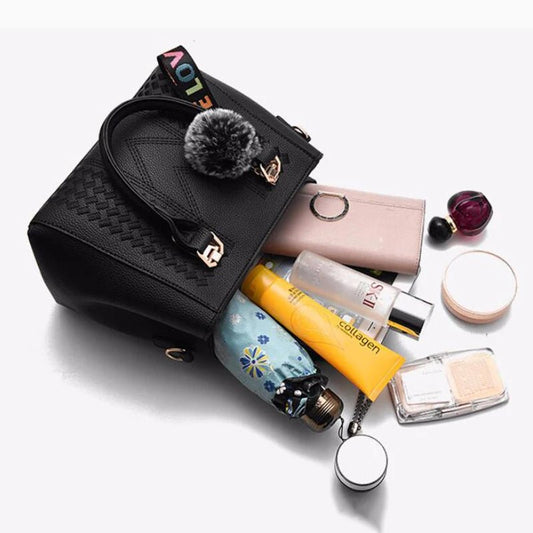 Leather embroidery messenger bag with stylish design, spacious handbag, and chic hair ball detail – perfect everyday sac à main. - WAREHOUSE SHOP