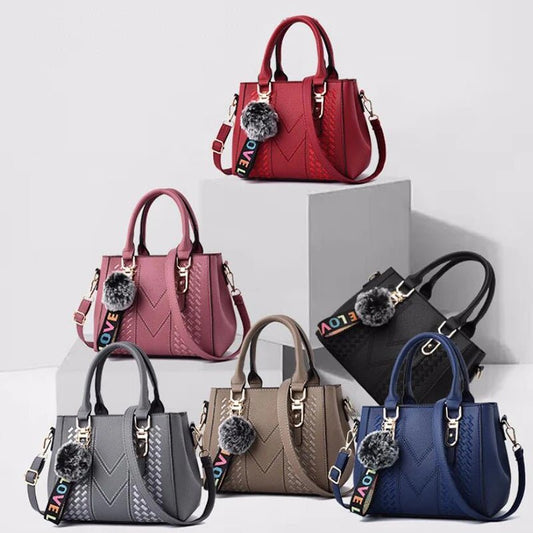 Leather embroidery messenger bag with stylish design, spacious handbag, and chic hair ball detail – perfect everyday sac à main. - WAREHOUSE SHOP