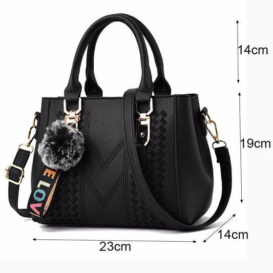 Leather embroidery messenger bag with stylish design, spacious handbag, and chic hair ball detail – perfect everyday sac à main. - WAREHOUSE SHOP
