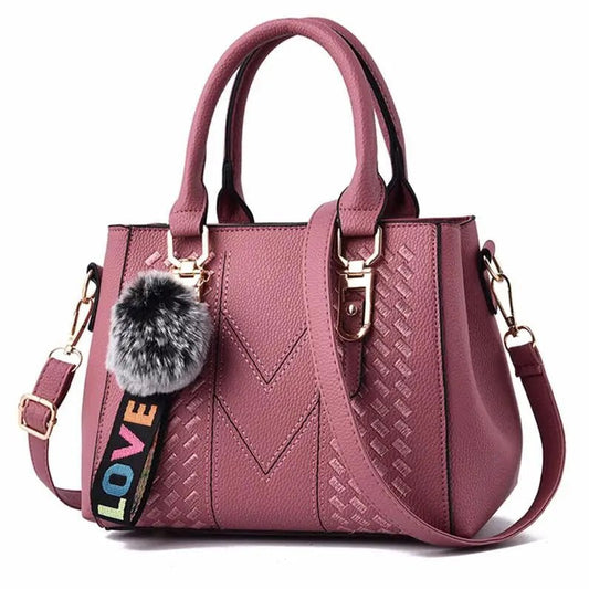 Leather embroidery messenger bag with stylish design, spacious handbag, and chic hair ball detail – perfect everyday sac à main. - WAREHOUSE SHOP
