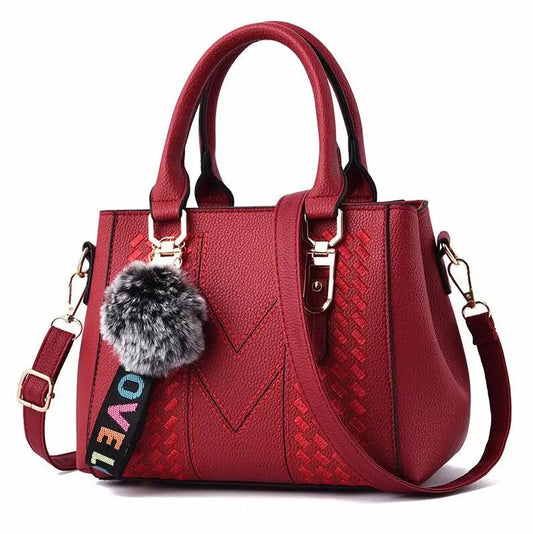 Leather embroidery messenger bag with stylish design, spacious handbag, and chic hair ball detail – perfect everyday sac à main. - WAREHOUSE SHOP