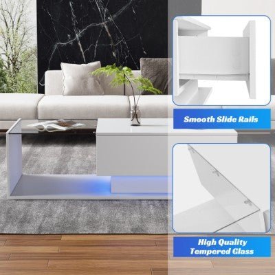 LED Coffee Table, Modern High Gloss Coffee Table, Center Table With Glass, Modern Coffee Table For Living Room With Drawer White - WAREHOUSE SHOP