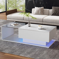 LED Coffee Table, Modern High Gloss Coffee Table, Center Table With Glass, Modern Coffee Table For Living Room With Drawer White - WAREHOUSE SHOP