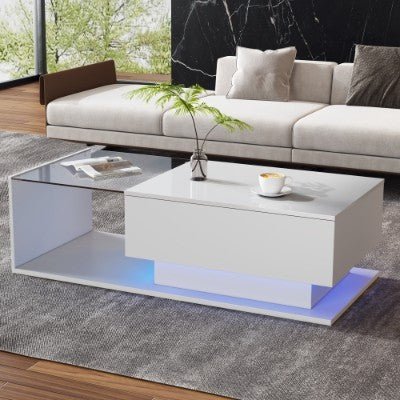 LED Coffee Table, Modern High Gloss Coffee Table, Center Table With Glass, Modern Coffee Table For Living Room With Drawer White - WAREHOUSE SHOP