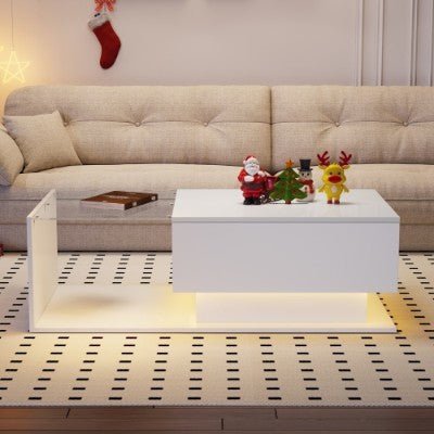 LED Coffee Table, Modern High Gloss Coffee Table, Center Table With Glass, Modern Coffee Table For Living Room With Drawer White - WAREHOUSE SHOP