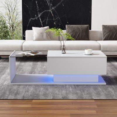 LED Coffee Table, Modern High Gloss Coffee Table, Center Table With Glass, Modern Coffee Table For Living Room With Drawer White - WAREHOUSE SHOP