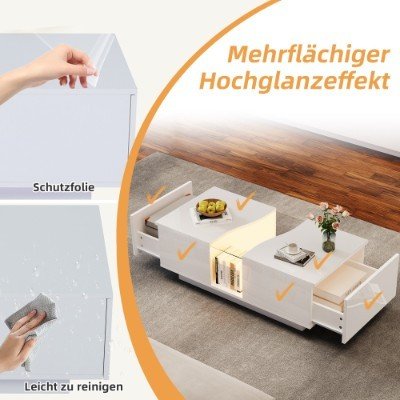 Led Coffee Table With 2 Drawer Storage, High Gloss Coffee Table For Living Room Unique Shape Centre Table With 16 - Color Led Lights,End Table For Home Office Furniture, White - WAREHOUSE SHOP