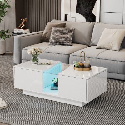 Led Coffee Table With 2 Drawer Storage, High Gloss Coffee Table For Living Room Unique Shape Centre Table With 16 - Color Led Lights,End Table For Home Office Furniture, White - WAREHOUSE SHOP