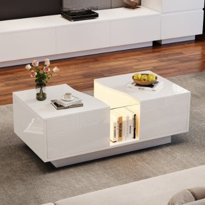 Led Coffee Table With 2 Drawer Storage, High Gloss Coffee Table For Living Room Unique Shape Centre Table With 16 - Color Led Lights,End Table For Home Office Furniture, White - WAREHOUSE SHOP