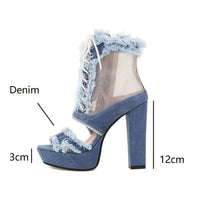 LeShion Of Chanmeb Women Denim Sandals High Heels Platform Tassel Fringe Jean Gladiator Sandals Ladies Mesh Net Summer Boots New - WAREHOUSE SHOP