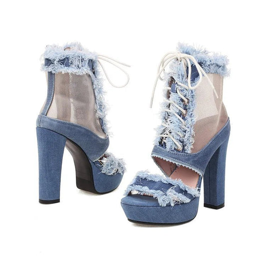 LeShion Of Chanmeb Women Denim Sandals High Heels Platform Tassel Fringe Jean Gladiator Sandals Ladies Mesh Net Summer Boots New - WAREHOUSE SHOP