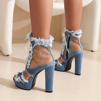 LeShion Of Chanmeb Women Denim Sandals High Heels Platform Tassel Fringe Jean Gladiator Sandals Ladies Mesh Net Summer Boots New - WAREHOUSE SHOP