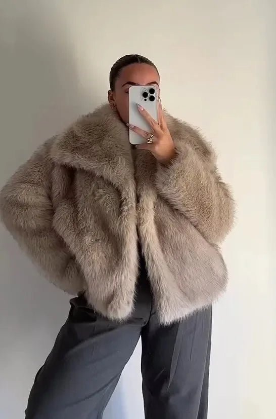 Luxury Faux Fur Jacket. Women's Loose Long - sleeved Coat Toka Fox Fur - WAREHOUSE SHOP