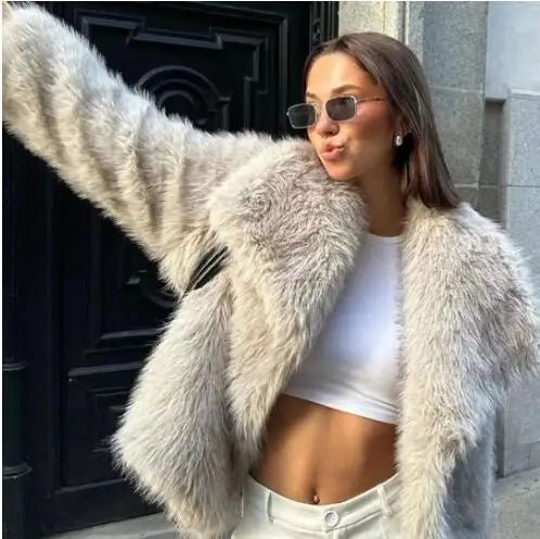 Luxury Faux Fur Jacket. Women's Loose Long - sleeved Coat Toka Fox Fur - WAREHOUSE SHOP