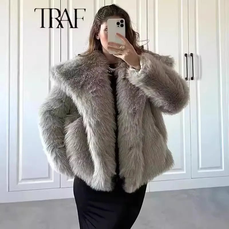 Luxury Faux Fur Jacket. Women's Loose Long - sleeved Coat Toka Fox Fur - WAREHOUSE SHOP