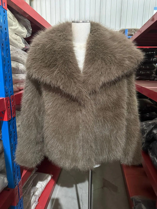 Luxury Faux Fur Jacket. Women's Loose Long - sleeved Coat Toka Fox Fur - WAREHOUSE SHOP