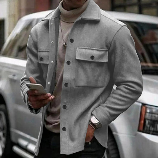Men’s Autumn & Winter Casual Jacket – Warm Plush Lapel, Slim Single - Breasted Solid Color Fashion Outerwear - WAREHOUSE SHOP