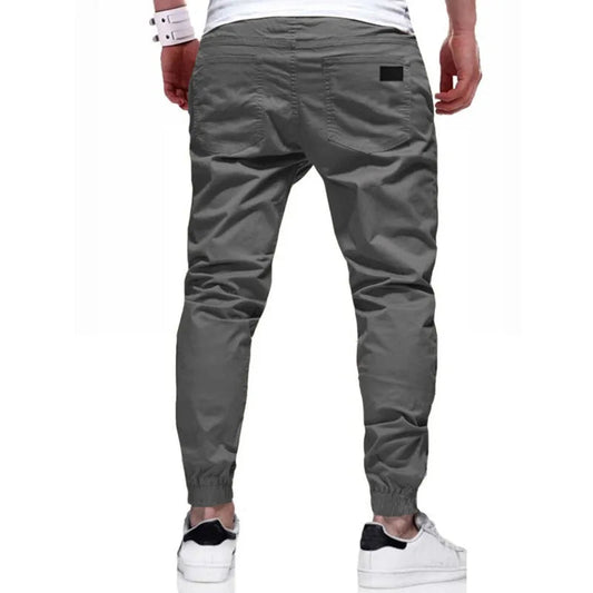 Men’s cargo pants, Slim fit, elastic waist & drawstring design. Solid straight trousers with pockets for casual autumn wear. - WAREHOUSE SHOP