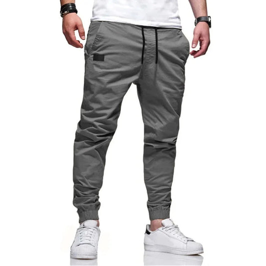 Men’s cargo pants, Slim fit, elastic waist & drawstring design. Solid straight trousers with pockets for casual autumn wear. - WAREHOUSE SHOP