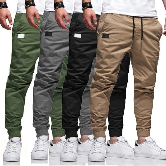 Men’s cargo pants, Slim fit, elastic waist & drawstring design. Solid straight trousers with pockets for casual autumn wear. - WAREHOUSE SHOP
