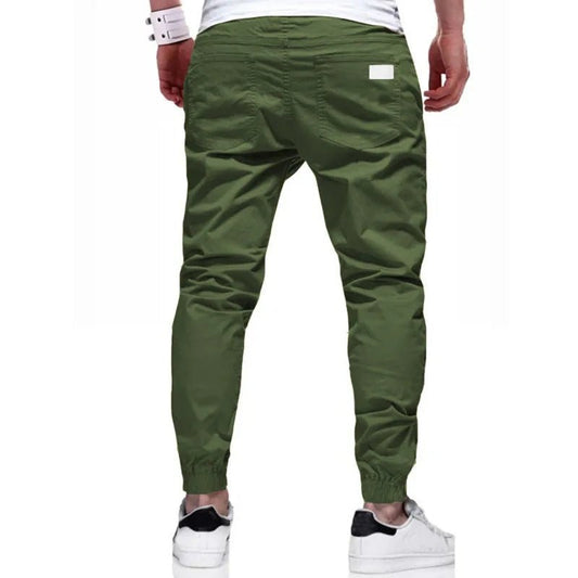 Men’s cargo pants, Slim fit, elastic waist & drawstring design. Solid straight trousers with pockets for casual autumn wear. - WAREHOUSE SHOP