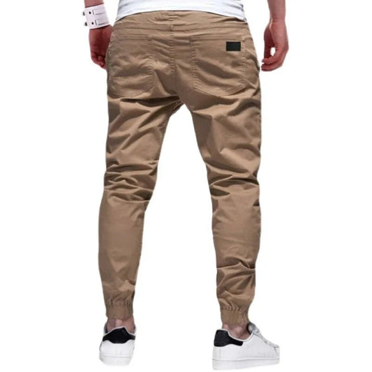 Men’s cargo pants, Slim fit, elastic waist & drawstring design. Solid straight trousers with pockets for casual autumn wear. - WAREHOUSE SHOP