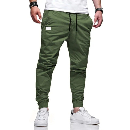 Men’s cargo pants, Slim fit, elastic waist & drawstring design. Solid straight trousers with pockets for casual autumn wear. - WAREHOUSE SHOP