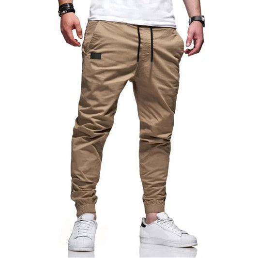 Men’s cargo pants, Slim fit, elastic waist & drawstring design. Solid straight trousers with pockets for casual autumn wear. - WAREHOUSE SHOP