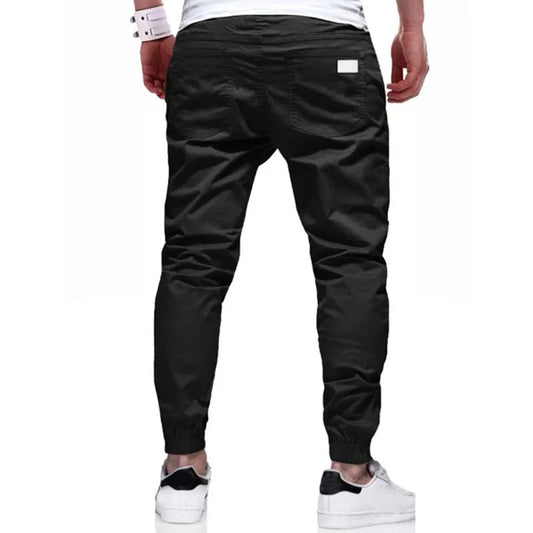 Men’s cargo pants, Slim fit, elastic waist & drawstring design. Solid straight trousers with pockets for casual autumn wear. - WAREHOUSE SHOP