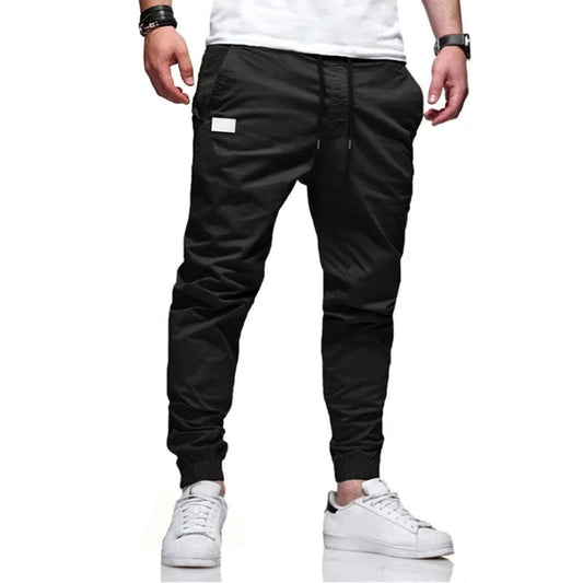 Men’s cargo pants, Slim fit, elastic waist & drawstring design. Solid straight trousers with pockets for casual autumn wear. - WAREHOUSE SHOP