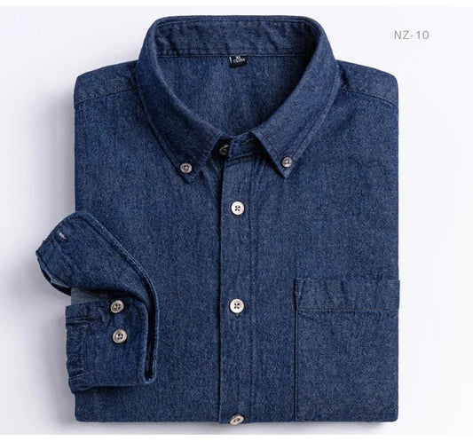 Men's Denim Casual Long Sleeve Pocket Shirt. Regular - Fit Comfortable Soft. 100% Cotton Washed Durability - WAREHOUSE SHOP