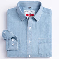 Men's Denim Casual Long Sleeve Pocket Shirt. Regular - Fit Comfortable Soft. 100% Cotton Washed Durability - WAREHOUSE SHOP