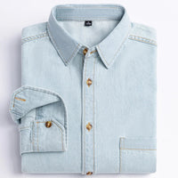 Men's Denim Casual Long Sleeve Pocket Shirt. Regular - Fit Comfortable Soft. 100% Cotton Washed Durability - WAREHOUSE SHOP