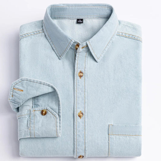 Men's Denim Casual Long Sleeve Pocket Shirt. Regular - Fit Comfortable Soft. 100% Cotton Washed Durability - WAREHOUSE SHOP