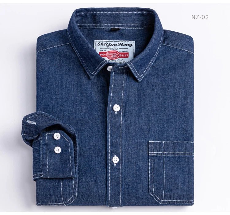 Men's Denim Casual Long Sleeve Pocket Shirt. Regular - Fit Comfortable Soft. 100% Cotton Washed Durability - WAREHOUSE SHOP