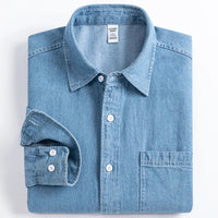 Men's Denim Casual Long Sleeve Pocket Shirt. Regular - Fit Comfortable Soft. 100% Cotton Washed Durability - WAREHOUSE SHOP