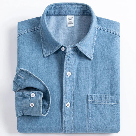 Men's Denim Casual Long Sleeve Pocket Shirt. Regular - Fit Comfortable Soft. 100% Cotton Washed Durability - WAREHOUSE SHOP