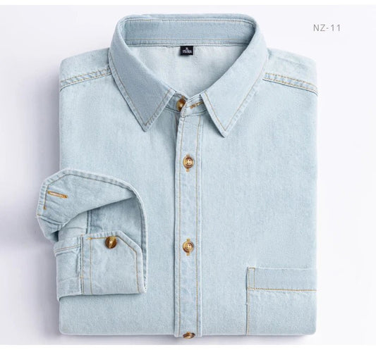 Men's Denim Casual Long Sleeve Pocket Shirt. Regular - Fit Comfortable Soft. 100% Cotton Washed Durability - WAREHOUSE SHOP