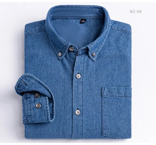 Men's Denim Casual Long Sleeve Pocket Shirt. Regular - Fit Comfortable Soft. 100% Cotton Washed Durability - WAREHOUSE SHOP