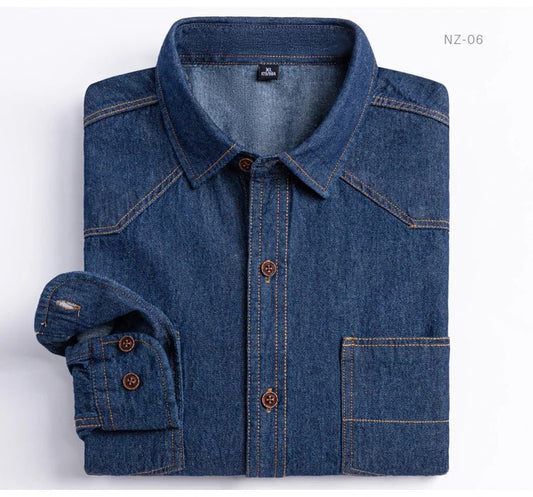Men's Denim Casual Long Sleeve Pocket Shirt. Regular - Fit Comfortable Soft. 100% Cotton Washed Durability - WAREHOUSE SHOP