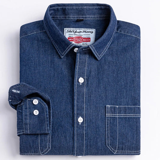 Men's Denim Casual Long Sleeve Pocket Shirt. Regular - Fit Comfortable Soft. 100% Cotton Washed Durability - WAREHOUSE SHOP
