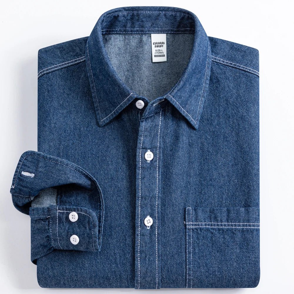 Men's Denim Casual Long Sleeve Pocket Shirt. Regular - Fit Comfortable Soft. 100% Cotton Washed Durability - WAREHOUSE SHOP