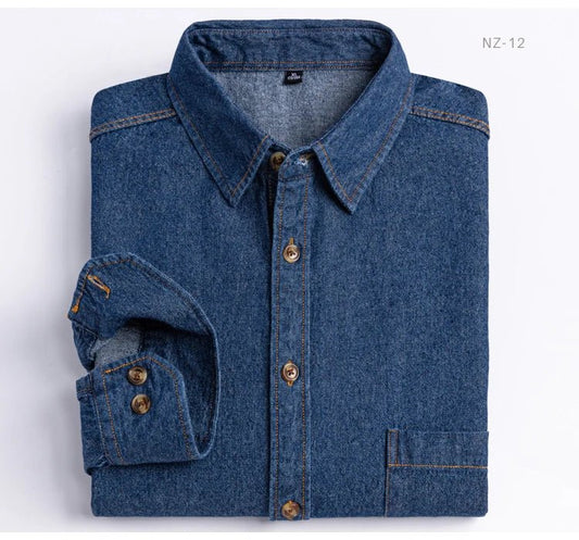 Men's Denim Casual Long Sleeve Pocket Shirt. Regular - Fit Comfortable Soft. 100% Cotton Washed Durability - WAREHOUSE SHOP