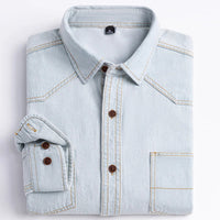 Men's Denim Casual Long Sleeve Pocket Shirt. Regular - Fit Comfortable Soft. 100% Cotton Washed Durability - WAREHOUSE SHOP