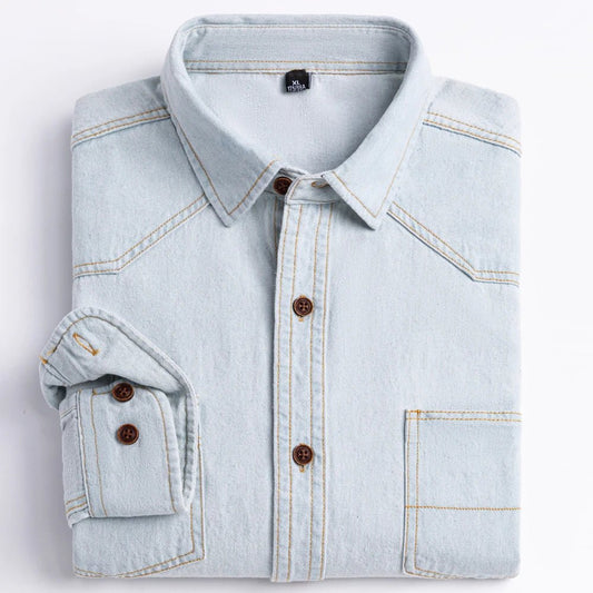 Men's Denim Casual Long Sleeve Pocket Shirt. Regular - Fit Comfortable Soft. 100% Cotton Washed Durability - WAREHOUSE SHOP