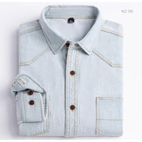 Men's Denim Casual Long Sleeve Pocket Shirt. Regular - Fit Comfortable Soft. 100% Cotton Washed Durability - WAREHOUSE SHOP