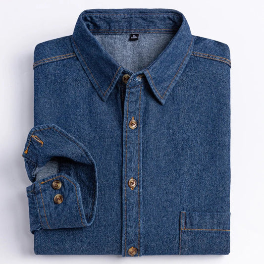 Men's Denim Casual Long Sleeve Pocket Shirt. Regular - Fit Comfortable Soft. 100% Cotton Washed Durability - WAREHOUSE SHOP
