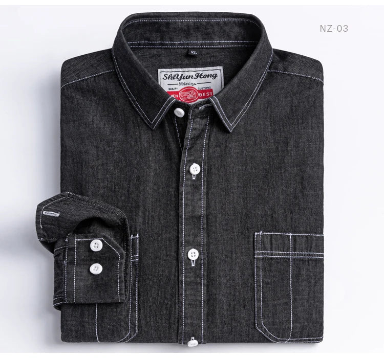 Men's Denim Casual Long Sleeve Pocket Shirt. Regular - Fit Comfortable Soft. 100% Cotton Washed Durability - WAREHOUSE SHOP